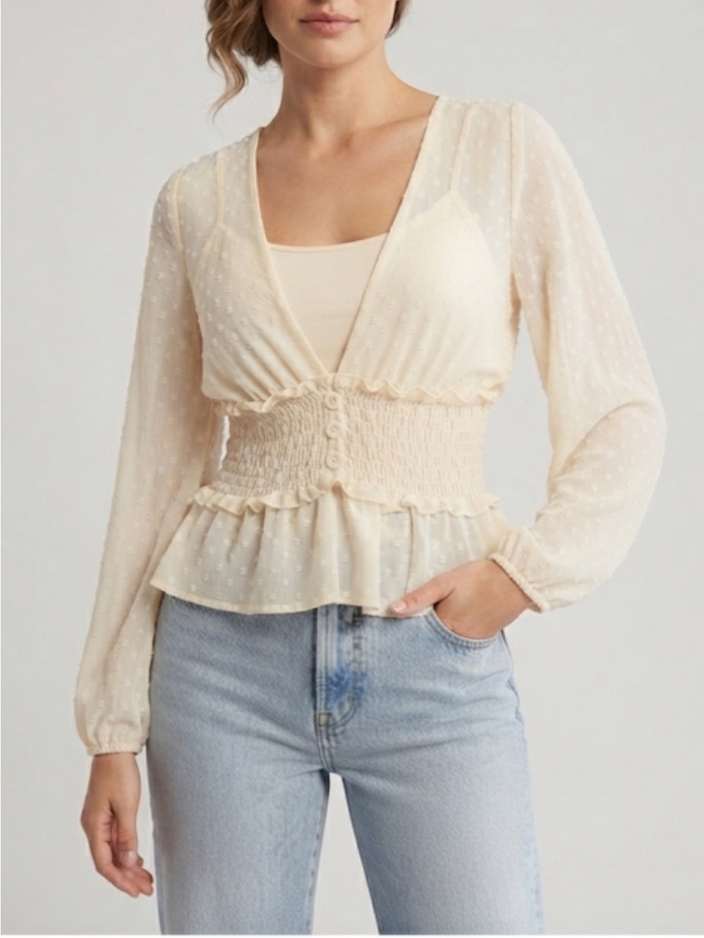 HYFVE Cream Swiss Dot Smocked Peplum Blouse